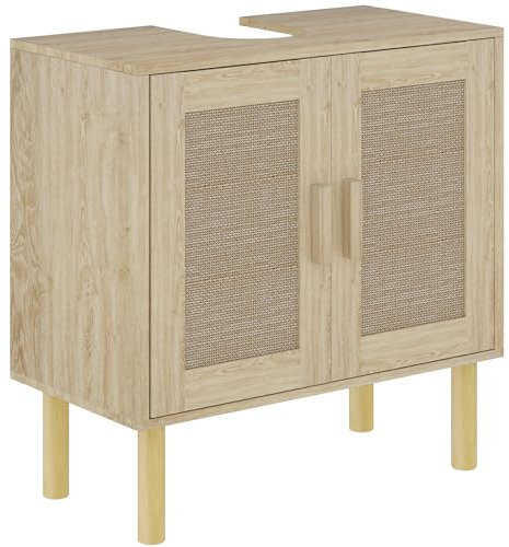 HOMCOM Mueble bajo Lavabo, Puertas de ratán, Estilo Bohemio, Patas de Pino, 2 Niveles, 60 x 30 x 60 cm, Roble
