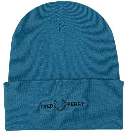 Fred Perry Herren Damen Unisex C4114 Klassische Baumwollmischung Graphic Beanie mit Logo in Cyberblau und Schwarz – Einheitsgröße, Cyberblau, Einheitsgröße