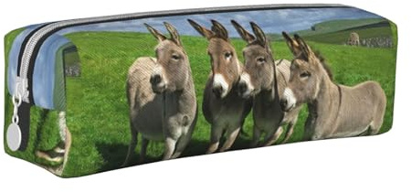 Tcoay Federmäppchen, tragbar, zylindrisch, mit Reißverschluss, Kosmetiktasche aus Leder,Kleine Eselwiesen