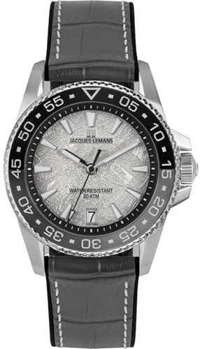JACQUES LEMANS 1-2205E Herrenuhr Liverpool Diver Silikonband mit Leder Oberfläche 41 MM Datum 20 ATM
