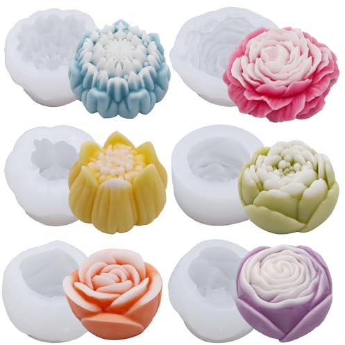 EuTengHao Flower Fondant Silicone Mold 3D Bloom Rose Peony Resin Mold for Wax Scented Candle Soap Craft Making Home Decoration (6 Packs)