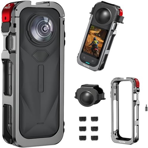 Camera Cage for Insta360 X5,Durable Rabbit Cage Aluminum Protective Case,Multifunctional Metal Frame Expansion Adapter Mount with Lens Cover and 6pcs Mic Wind Muff for Insta360 X5 (black grey)