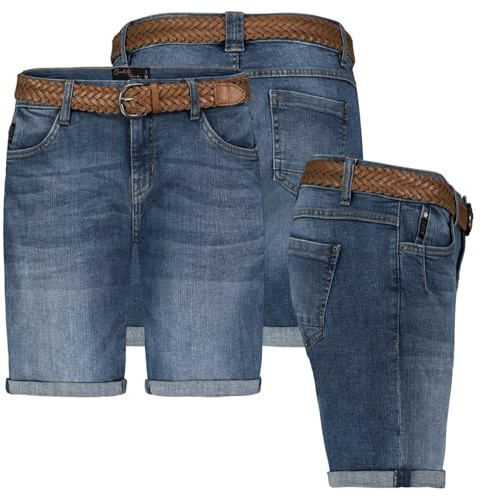 Sublevel Damen Jeans Shorts Bermuda Kurze Hose Shorts Short Denim Stretch Denim, Farbe:Dunkelblau, Größe:L / 40