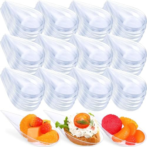 PIQIUQIU 100 Stück transparente Dessertschalen aus Kunststoff (10x5 cm) – Tropfenförmige Servierteller für Vorspeisen, Parfait & Degustation, Wiederverwendbare, für Gastro, Party & Catering