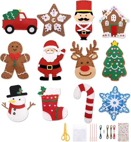 Pubbyuer Nähset Kinder, 12 Motiven Weihnachts Nähset mit Zubehör, Bastelset für Weihnachtsbaum-Figuren - Kreatives Weihnachts geschenk, DIY Nähen für Anfänger Weihnachten ab 6 Jahren Jungen & Mädchen