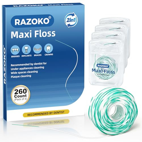Einfädel-Zahnseide für Zahnspangen, expandierende gewachste Stränge, Minze | Implantate, Brücken expandierend, 840D, flauschig expandierend, PTFE-frei, minzig, 260 vordosierte Stränge, 2er-Pack
