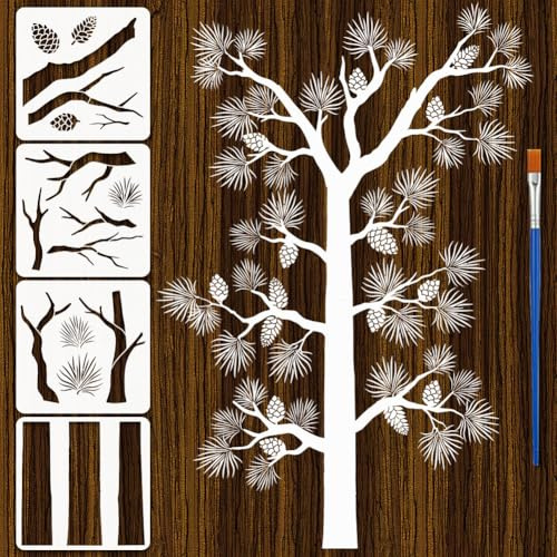 FINGERINSPIRE Kiefernbaum Schablonen 4 Stück 30x30cm Große Bäume Wandschablonen Baumstamm Äste Tannenzapfen Nadeln Muster Zeichenvorlagen Mit Pinsel Für Wand Boden Möbel DIY Kunsthandwerk