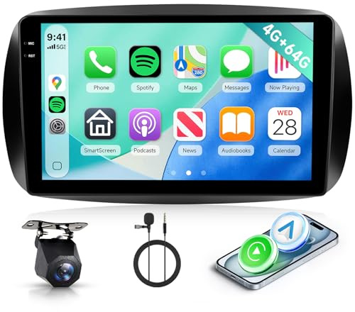 Hodozzy 4G+64G Autoradio per Mercedes Benz Smart 453 Fortwo 2014-2020 Android 9 Pollici InCell Touch Schermo Carplay Wireless Android Auto, Stereo 2 Din Bluetooth DSP GPS WiFi Radio FM RDS Telecamera