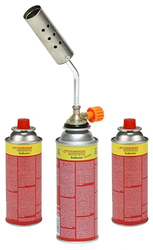 ROTHENBERGER Industrial Schrumpfbrenner 1300 °C mit 3 x RoButan Gaskartusche 393 ml | Gasbrenner Lötbrenner Schweißbrenner Bunsenbrenner Abflammgerät einstellbare Flamme