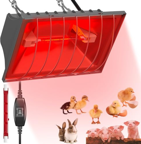 BIZOI Rotlichtlampe Wärmelampe für Küken, 250W Wärmestrahler mit Sparschalter, 2 Temperatureinstellungen, Heizlampe Hühnerstall, 1.8m Kabel, Wärmelampe Tiere für Hühner, Enten, Welpen, Vieh