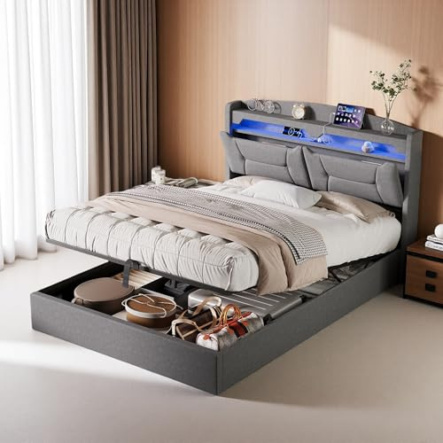 JYNVO Polsterbett 140x200 mit Stauraum, Bett mit USB/USB-C-Ladeanschluss, LED-Beleuchtung, Hydraulische Polsterbett, Doppelbett, Lattenrost, Bettgestell, hellgrau, Leinen, ohne Matratze