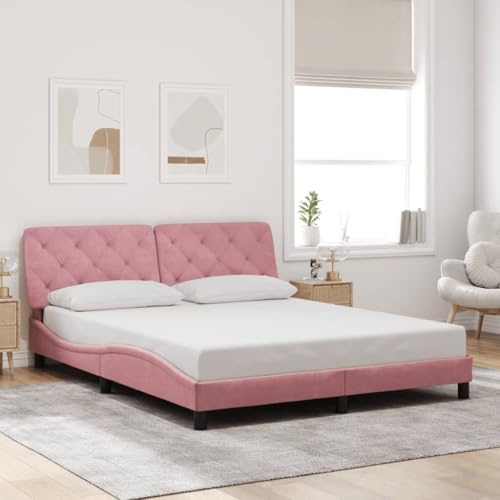 QJBSAVVA Samt Bettgestell Rosa 160x200 cm mit gepolstertem Kopfteil Modernes wellenförmiges Doppelbett ohne Matratze für Schlafzimmer Gästezimmer Jugendzimmer