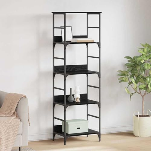 Yisssmeng Scaffalatura scala in rovere nero, 50 × 33 × 153 cm, legno/metallo, 4 scomparti, 60 kg, autoportante, soggiorno/sonno/ufficio/corridoio