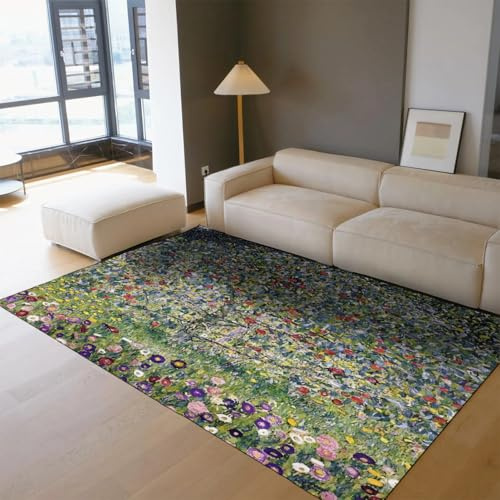 Maschinenwaschbar Teppich 90x150 Impressionistischer Blumenwiese Look Grün Bunt Kunst Design rutschfest Teppiche Kurzflor Weich Für Wohnzimmer Schlafzimmer Arbeitszimmer Flur Küche