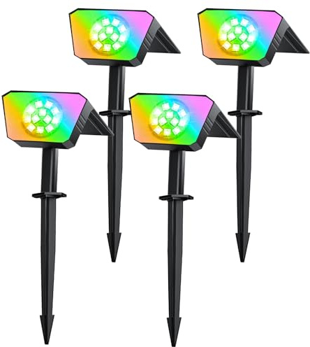 FIFlying Luces Solares LED Exterior Jardin 4 Piezas, 12 LED Focos LED Exterior Solares, 8 Modos Impermeable IP67 Foco Solar para Patio, Caminos, Terraza, Calzada, Piscina, Césped - Multicolor