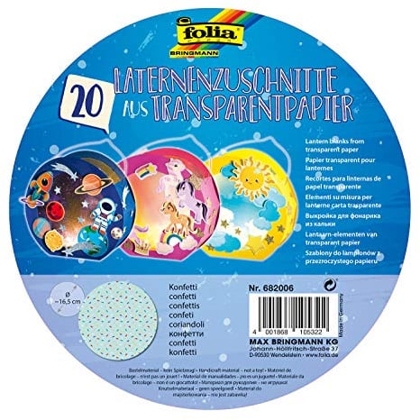 folia 682006 - Laternenzuschnitte Konfetti, aus Transparentpapier 115g/m² für Rundlaternenrohlinge, Ø 16,8 cm, 20 Stück, zum Basteln von individuellen Laternen