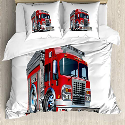 ABAKUHAUS LKW Bettwäsche Set für Doppelbetten, Cartoon-Stil Feuerwehrmann, Weicher Microfaserstoff Allegigeignet kein Verblassen, Red Pale Grau