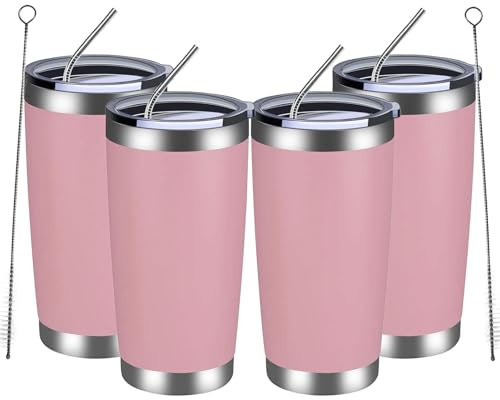 MEWAY 20oz Tumbler 4 Pack Double Wall Vacuum Insulated Travel Mug Bulk, Stainless Steel Tumblers with Lid and Straw, Durable Powder Coated Coffee Cups for Cold & Hot Drinks (Pink, 4)