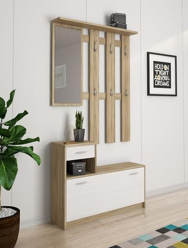 Dmora Mobile da Ingresso con Specchio e scarpiera, Entratina con cassetto, Legno, 100 x 25 x 180 cm, Bianco e Rovere
