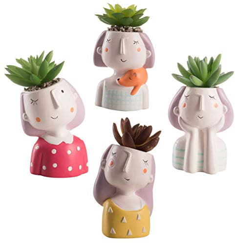 Baroni Vaso Testa girl con pianta artificiale. Set 4 sculture colorate in ceramica 8X7X14 cm