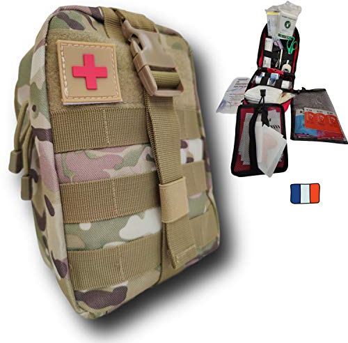 Trousse de secours complète militaire tactique kit survie,compact - assemblé en FRANCE,normes CE se fixe sur la ceinture+ 3 tire tiquesConçue pour la maison randonnée,travail,voiture,chasse,sport