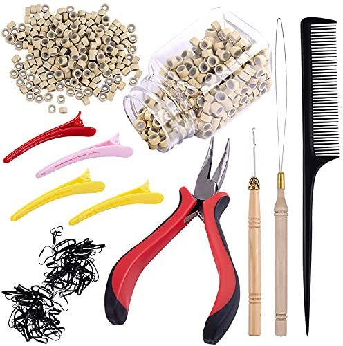 Duufin Haarverlängerung Microrings Extensions Set mit 500 Stück Microringe 1 Stück Microring Zange 2 Stück Microring Nadel 4 Stück Haarspange 1 Stück Kamm und Mini Haargummis für Haarverlängerung