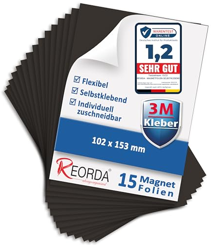 Reorda Magnetfolie selbstklebend 15er Set - Magnetpapier mit starkem 3M-Kleber - Magnetplatte zuschneidbar für Kühlschrank, Tafeln & Poster - Magnetische Folie selbstklebend für's Basteln