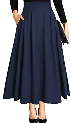 Dunkelblau Rock Damen Trachtenrock High Waist Midi a Linie Lang Weiter Elegant Trachten Festlicher Maxirock mit Schlitz Taschen Faltenrock Plisseerock Sommerrock Leicht Strandrock S