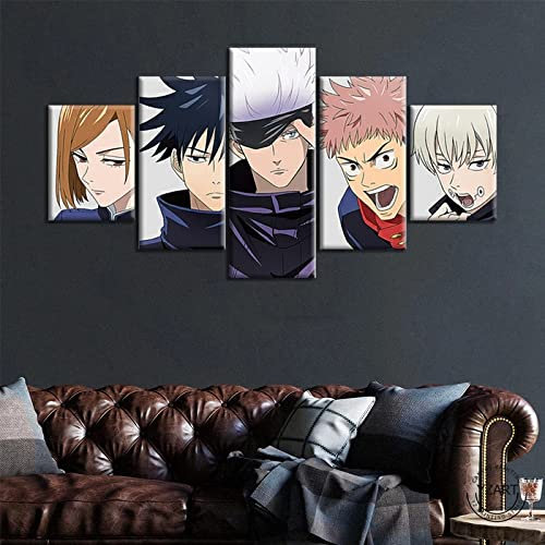 Wondbeau Leinwanddrucke Modulare Wandkunst Wandaufkleber 5 Teiliges Wandbild Druck auf Leinwand Malerei Moderne Abstrakte Poster Mit Rahmen XL/200cm×100cm Jujutsu Kaisen,Anime-Figuren,Gojo Yuji Toge