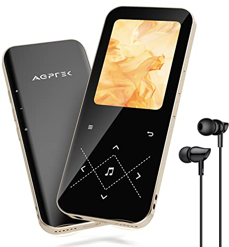 AGPTEK MP3 Player Bluetooth 5.3, 32GB HiFi Sound Musikplayer mit 2,4 Zoll TFT Farbbildschirm, Kopfhörer, Lautsprecher, Touch-Tasten, FM-Radio, E-Book, Aufnahme, Unterstüzt TF-128GB, Schwarzgold