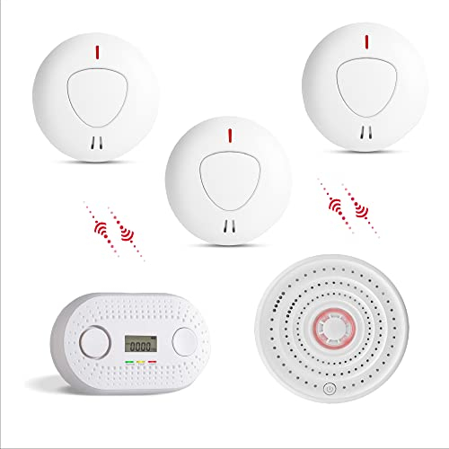 fxo Vernetzter optischer Rauch-, Hitze- und Kohlenmonoxidmelder mit 10 Jahren Batterielaufzeit - x1 Hitzemelder, x3 Co Alarm Detektor & x1 Rauchmelder - Feueralarm System & Brandprävention Alarm