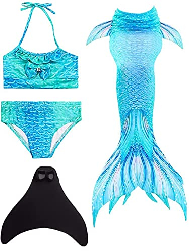 Pyjacos meerjungfrauenflosse mädchen Badeanzug - Meerjungfrau Flosse Bademode mit Bikini Set und Monoflosse Mermaid Tail, 4 Stück Set，blackseDH06-110