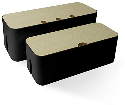 Cable Management Box Organizer, 3 Sizes Wooden Style Cable Organizer Cable Box for TV, Computer, Router, USB Hub (Black-Two Piece Set)