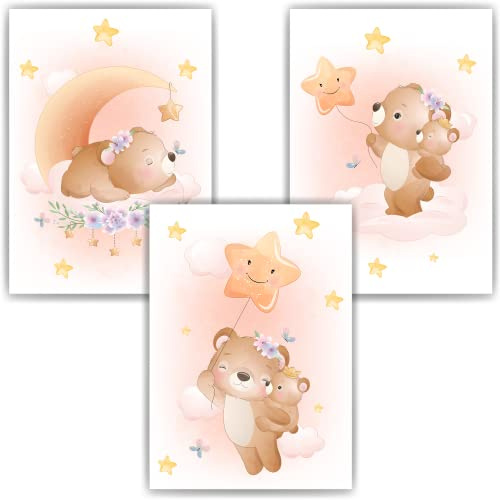 3er Set Poster Bilder für Kinderzimmer Babyzimmer Deko - DIN A4 Kinderposter Tiere - Jungen Mädchen Babyparty Geschenkidee Kindergeburtstag Wandbild (Bär)