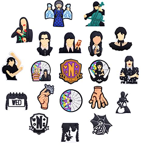 Yezmo 20 PCS Wednesday Addams Schuh Charms für Schuh, Schuhdekoration Zubehör für Clog Bubble Slides, Mittwoch Party Geburtstag Dekorationen Zubehör Gaben Merchandise