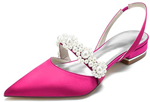 Women's Flat Satin Wedding Sandals Closed Toe Rhinestone Court Shoes Block Heeled Dress Shoes Pointed Toe Ankle Strap Ballet Flat Slip-on Flats Shoes Bridesmaid Shoes,Rose red,5 UK
