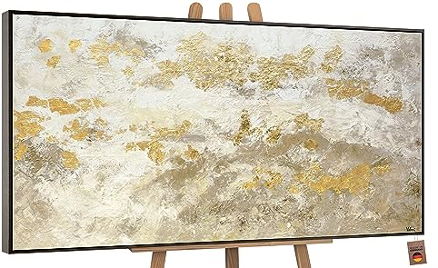 YS-Art Abstrakt Acryl Gemälde auf Leinwand handgemalt mit Blattgold glänzendes Gold Wandbilder Wohnzimmer moderne Wohndekor Bilder Büro echte Kunst mit Rahmen 100x50 cm