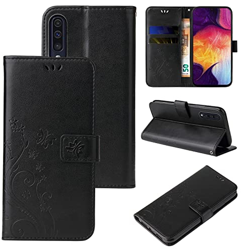 LBH Handy Hülle für Samsung Galaxy A50 Case Handytasche Schmetterling Blumen Flower Standfunktion Schutzhülle Magnet Rundum Schutz 360 Grad Flipcase Cover Schwarz