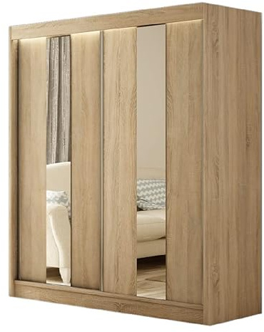 Margaret Hadas24 Kleiderschrank Lukas 200 cm mit Spiegel, Organizer, Mehrzweckschrank, Schwebetürenschrank, Garderobenschrank, Kleiderstange, Kleiderständer, Flurschrank, Schrank, 2-türig, braun