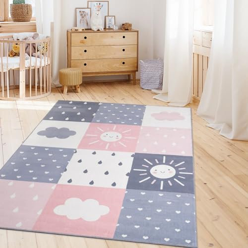 TT Home Kinderzimmerteppich Teppich Junge Mädchen Kinderteppich Baby Herzen Pastell, Farbe:Grau Rosa, Größe:160x220 cm