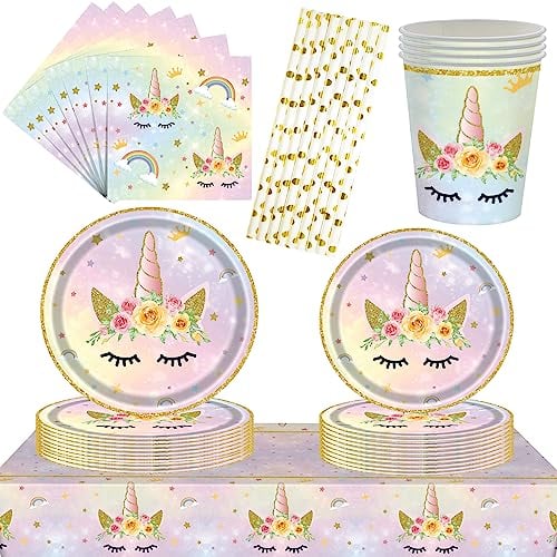 85 Stück Einhorn Partygeschirr Set, 16 Gäste Einhorn Teller Set, Einhorn Teller Becher Pappteller Serviette, Einhorn Party Supplies (Regenbogen Einhorn)