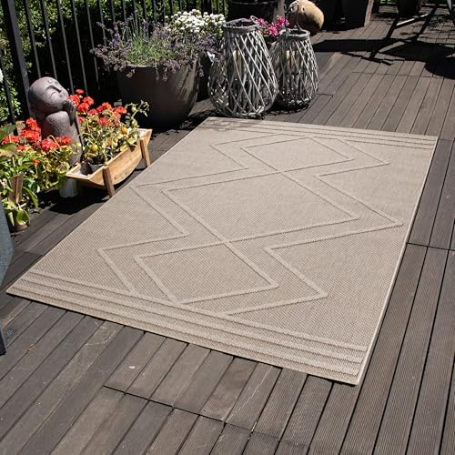 Carpettex Outdoor Teppich Wetterfest 140 x 200 cm Sisaloptik Beige - Ideal für Balkon, Garten, Terrasse, Camping und als Küchenteppich - Waschbarer Teppich, Boho Design, Flachgewebe