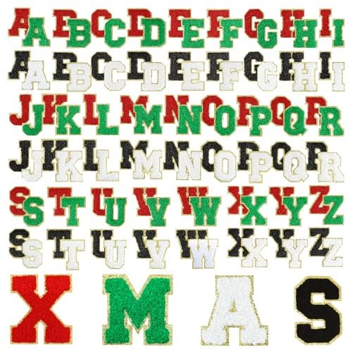 Morcheiong 104Pcs Self Adhesive Chenille Letter Patches Chenille Letters, Letter Patches for Christmas Decoration Clothing Fabric (Red, Deep Green, White, Black)