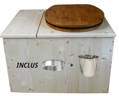 Toilette sèche avec bac à copeaux de bois intégré, Livré monté avec abattant bambou, seau inox et bavette de protection inox - Fabrication artisanale Française - N17