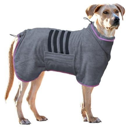 Dog Drying Coat Bathrobe Towel, Microfibre Material Fast Drying Super Absorbent Dog Bath Robe, Pet Quick Drying Moisture Absorbing Dog Robe Pet Dressing Gown with Adjustable Collar Belly Strap