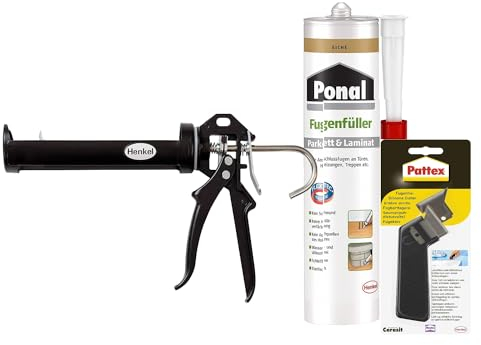 Ponal Parkett & Laminat Fugenfüller Eiche, elastische Fugenmasse, silikonfreie Dichtmasse (1x280ml) Kartusche & Pattex Profi Metall Kartuschenpistole & Pattex Fugenhai