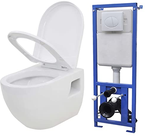 Gecheer Hängande toalett med inbyggd cistern vägg hängande toalett dold cistern 41 x 14 x (110–125) cm (B x D x H) keramik vit softclose WC-sits