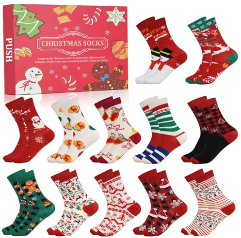ANOTION 2025 Weihnachtssocken, 12 Tage des Weihnachts Adventkalender Warme Socken für Frauen Weihnachten Countdown Kalender Geschenke für Urlaub Weihnachtsfeier Weihnachtsbaum Elch Schneemann Socken
