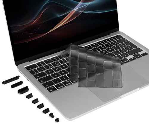 MOSISO Ultra Thin Keyboard Cover Skin with Dust Plugs Compatible with MacBook Air 13.6 inch M4 M3 M2 2025-2022, for Macbook Air 15 inch M4 M3 M2, for Mac Pro 14/16 M4/M3/M2/M1 2021-2025, Smoke Gray