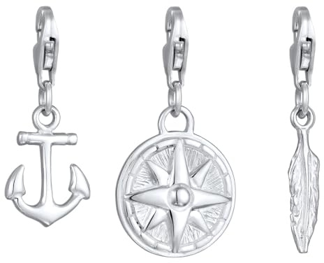 Kuzzoi Charm Anhänger Kompass Anker Feder Symbol aus 925 Sterling Silber Charms Bettelarmband Anhänger Set mit Karabiner für Armbänder und Halsketten Kompatibel